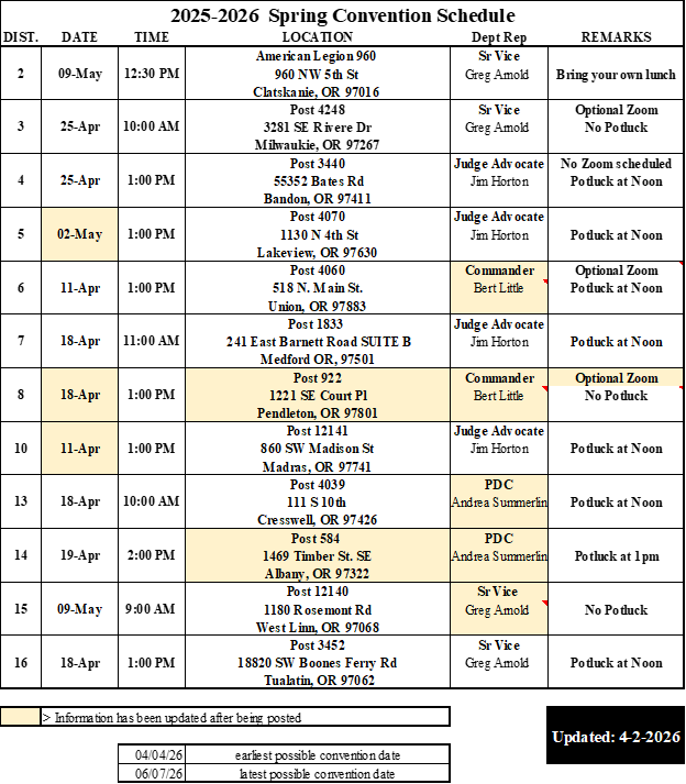 District Convention Calendar